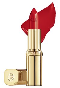 Rode lippenstift in een gouden huls, met een strak design en een puntige bulletvorm. De dop heeft een gegraveerd merkdetail.