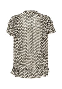 Blusa a maniche corte in un tessuto leggero con un motivo astratto nero e beige, con orlo arricciato e una consistenza morbida e fluida.
