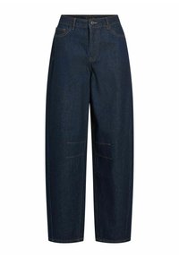 Dark blue denim wide-leg trousers featuring a high waist, two front pockets, and yellow stitching details. Clean finish with no embellishments.