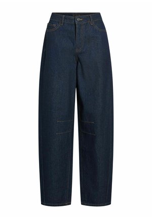 Mörkblå denimbyxor med hög midja, vida ben och två framfickor. Har kontrasterande gul sömnad och en framknäppning.