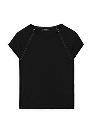 Top nero a maniche corte con scollatura rotonda e cuciture bianche in contrasto lungo le spalle e i lati. Tessuto morbido e liscio.