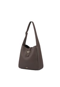 Borsa a spalla in pelle marrone con una texture liscia, forma morbida, tracolla regolabile e un accento dorato alla chiusura.