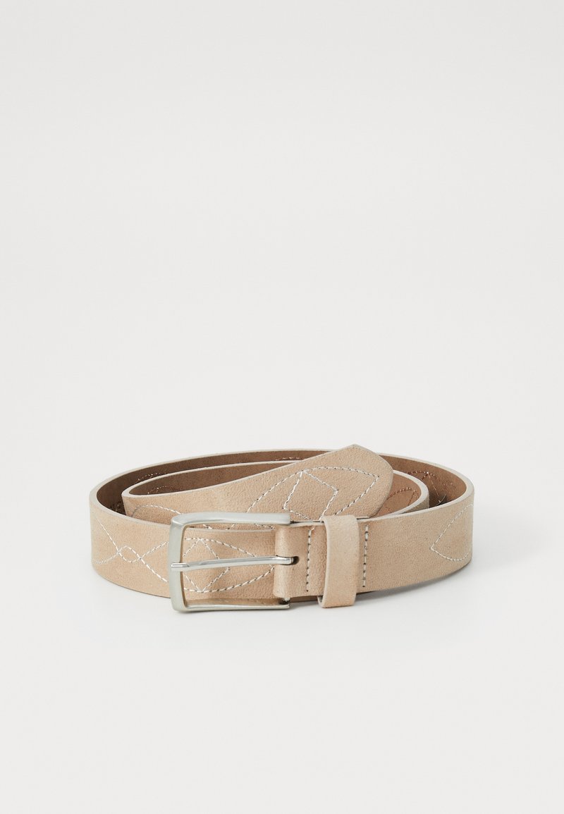 Beige suede belt with a silver metal buckle. Features white stitching and a smooth texture. Designed with a classic belt shape.