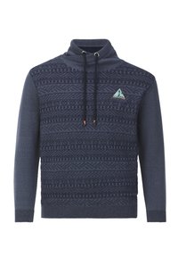 Marineblauer Pullover mit hohem Kragen, strukturierter Oberfläche mit geometrischen Mustern und Kordeln mit bronzenen Spitzen. Kleines Logo auf der Brust.