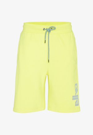 Gelbe Sportshorts aus leichtem Material mit elastischem Taillenbund, verstellbarem Kordelzug und einem aufgedruckten Logo auf dem linken Oberschenkel.