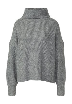 Grauer Strickpullover mit hohem, umgeschlagenem Kragen. Er verfügt über lange, weite Ärmel und eine lockere Passform. Strukturierter Stoff mit einem dezenten Muster.