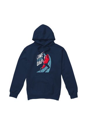 Marineblauer Hoodie mit einer Grafik eines starken Mannes, der Gewichte hebt, und dem Text „One Strong Dad“ in Weiß und Blau.