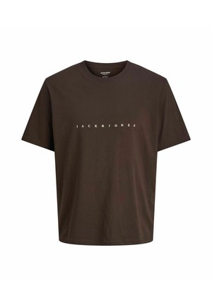 T-shirt en coton marron avec un col rond. Présente "JACK & JONES" imprimé en blanc sur la poitrine. Manches courtes et coupe décontractée.