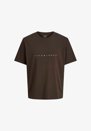 Ruskea puuvillapaita, jossa on pyöreä kaula-aukko. Rinnassa valkoisella painettuna "JACK & JONES". Lyhyet hihat ja rento malli.