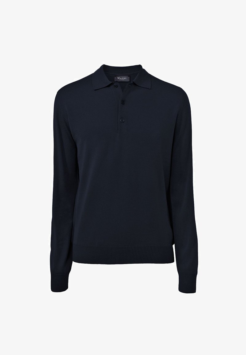 Dunkelblauer Langarm-Polo-Pullover mit gerippten Bündchen und Saum, einer Dreiknopf-Leiste und einem Kragen.