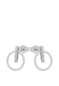 A coppia di orecchini a monachella in argento con cerchi circolari e barre verticali incastonate con piccole pietre preziose trasparenti.