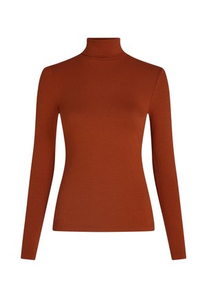 Ribbed, long-sleeve turtleneck top in rust orange. Fitted design with a high neck and smooth texture. No visible patterns or hardware.