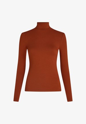 Ribbed, long-sleeve turtleneck top in rust orange. Fitted design with a high neck and smooth texture. No visible patterns or hardware.