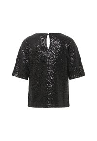 Top nero a maniche corte ricoperto di paillettes con un dettaglio a oblò sulla schiena, caratterizzato da una forma squadrata e una texture liscia.