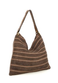 Borsa a spalla in tessuto marrone con silhouette ondulata, caratterizzata da righe verticali marroni scure e dettagli in metallo dorato.
