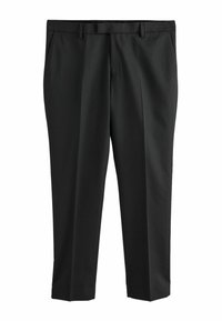 Pantaloni negri dintr-un material neted, cu o croială adaptată. Au un față plată, bucle pentru curea și un design clasic de picior drept.