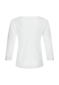 Top bianco a maniche lunghe con scollatura ampia e silhouette dritta. Realizzato in cotone morbido, caratterizzato da una texture liscia e un design senza decorazioni.