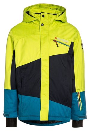 Veste d'hiver enfant avec capuche et épaules vert citron, partie centrale noire et panneaux inférieurs bleus, dotée de fermetures éclair sur la poitrine et la manche.
