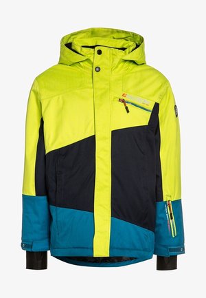 Veste d'hiver enfant avec capuche et épaules vert citron, partie centrale noire et panneaux inférieurs bleus, dotée de fermetures éclair sur la poitrine et la manche.