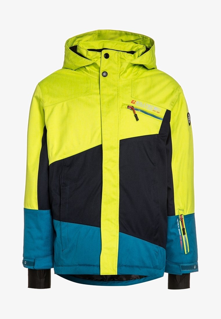 Veste d'hiver enfant avec capuche et épaules vert citron, partie centrale noire et panneaux inférieurs bleus, dotée de fermetures éclair sur la poitrine et la manche.