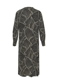 Long black dress with white leaf pattern, featuring long sleeves and a round neckline. Lightweight fabric with a smooth texture.