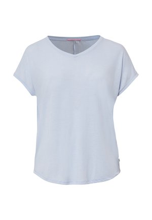 T-shirt à manches courtes bleu clair avec un décolleté en V. Tissu doux, coupe décontractée et ourlet arrondi. Pas de motifs ou d'accents visibles.