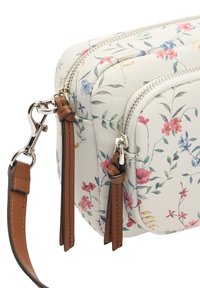 Torebka w kremowym płótnie z kwiatowym wzorem, z dwoma przegródkami, srebrnymi zamkami błyskawicznymi i brązowymi skórzanymi detalami. Posiada odpinany pasek.