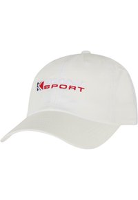 Hvit baseballcap med buet skygge. Brodert "KANI SPORT" logo i rødt og blått på fronten. Laget av glatt stoff, sømløst design.