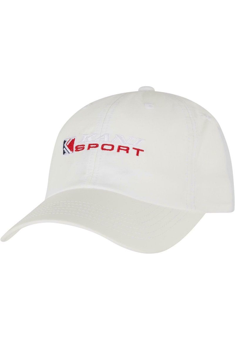 Hvit baseballcap med buet skygge. Brodert "KANI SPORT" logo i rødt og blått på fronten. Laget av glatt stoff, sømløst design.