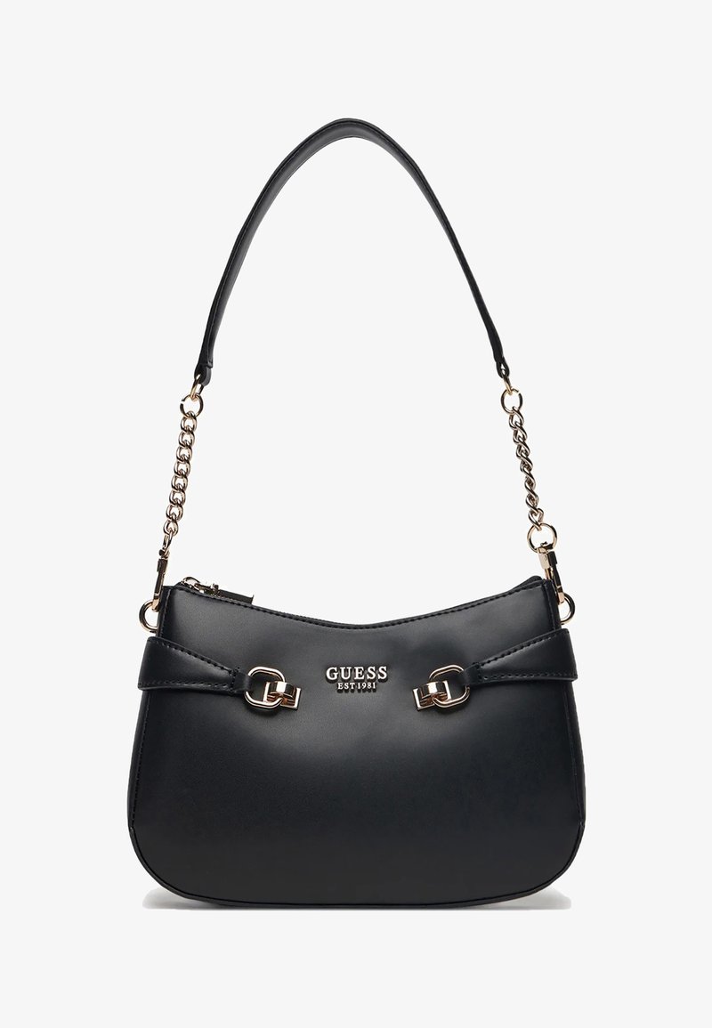 Fekete műbőr kézitáska aranyszínű fémrészekkel, dupla vállpánttal és cipzáras záródással. Dekoratív csat részletekkel rendelkezik.