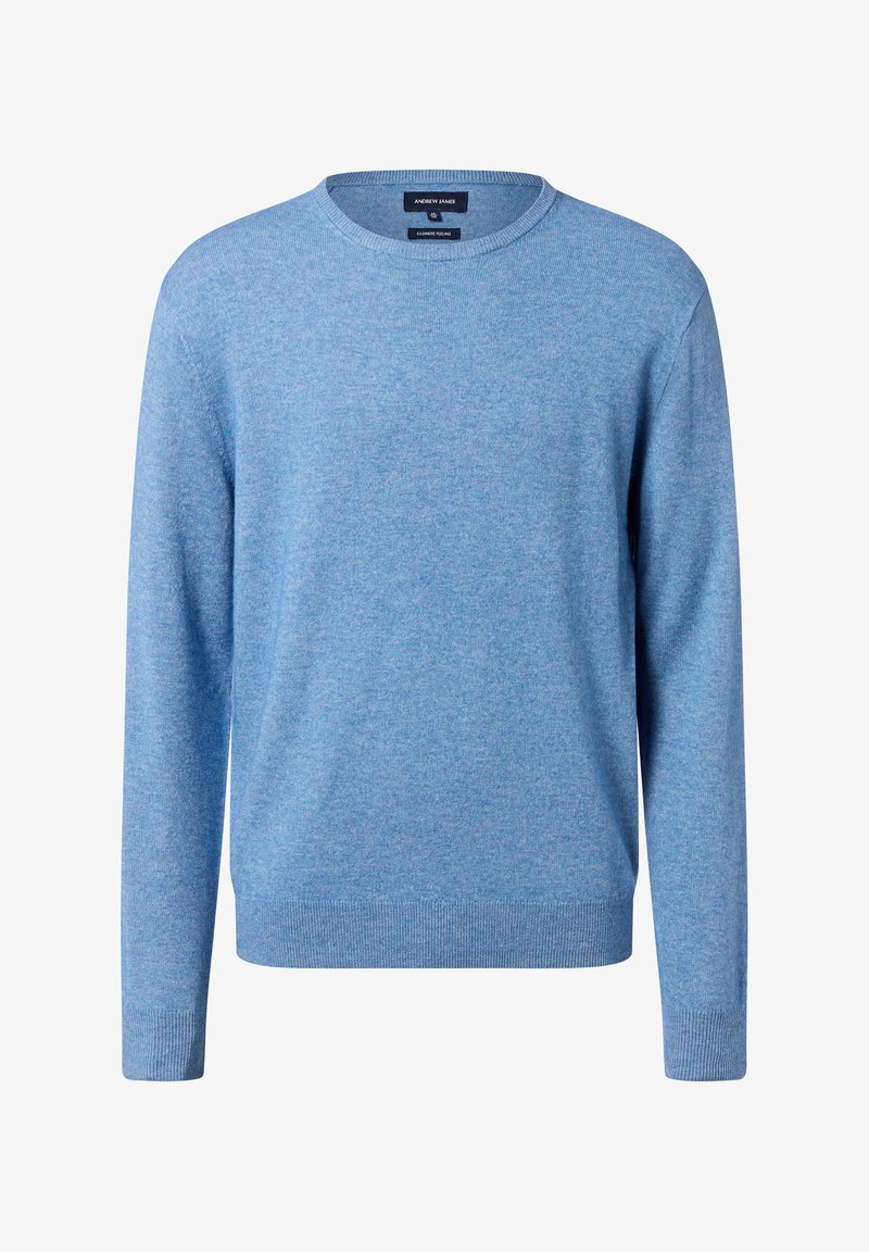 Helle blaues Rundhals-Pullover aus einem weichen Strickstoff mit langen Ärmeln und gerippten Bündchen und Saum. Minimalistisches Design ohne zusätzliche Muster.