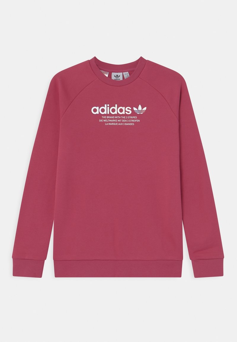 Maroon sweatshirt featuring a crew neckline, long raglan sleeves, and white printed Adidas logo with text on the front. Soft fabric texture.