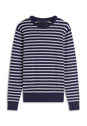 Φούτερ με ριγέ σχέδιο σε ναυτικό μπλε και λευκό, με στρογγυλή λαιμόκοψη, ριμπ μανσέτες και τελείωμα. Μικρή λεπτομέρεια λογότυπου στην αριστερή πλευρά του στήθους. Μαλακή υφή.