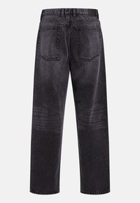 Μαύρο τζιν παντελόνι με ίσια γραμμή, με δύο πίσω τσέπες και υφή, εμφανιζόμενο από πίσω.