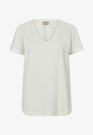Tričko s výstřihem do V a krátkým rukávem vyrobené z jemné bílé bavlny, s rovný střih a malým logem blízko lemu. Hladký povrch.