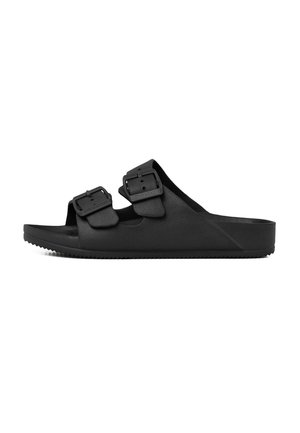 Sandale noire à enfiler avec deux brides réglables à boucles et une semelle texturée, conçue pour un usage décontracté et le confort.