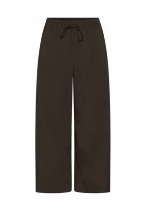 Pantalones negros de pierna ancha con cinturilla elástica y cordón ajustable, con bolsillos laterales y un corte relajado.