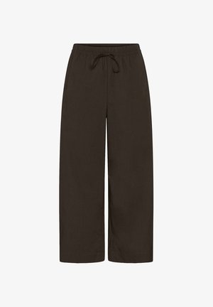 Pantalones negros de pierna ancha con cinturilla elástica y cordón ajustable, con bolsillos laterales y un corte relajado.