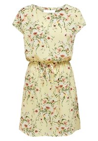 Robe fleurie jaune pâle. Comprend des manches courtes, une taille élastique avec un lien, et un motif de fleurs roses et vertes. Texture du tissu lisse.