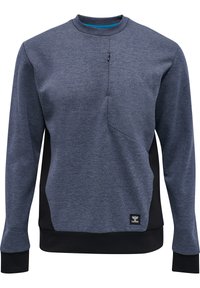 Mörkblå sweatshirt tillverkad av mjukt, strukturerat tyg. Har en fjärdedelsdragkedja, sned bröstficka och svarta sidopaneler. Ribbad mudd och fåll.