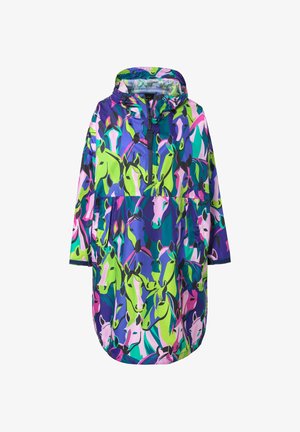 Barevný, kapucí vybavený deštník s živým vzorem koní v odstínech fialové, zelené a růžové na lesklém materiálu. Střední délka, volný střih.