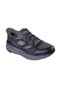 Scarpe da corsa da uomo Skechers nere e grigie con design a lacci, tomaia in rete traspirante e suola ammortizzata con suola Goodyear.