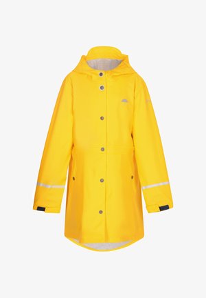 Kollane veekindel vihmamantel, millel on kapuuts, nööbid, peegeldavad triibud varrukatel ja vihmavari logo vasakul rinna peal.