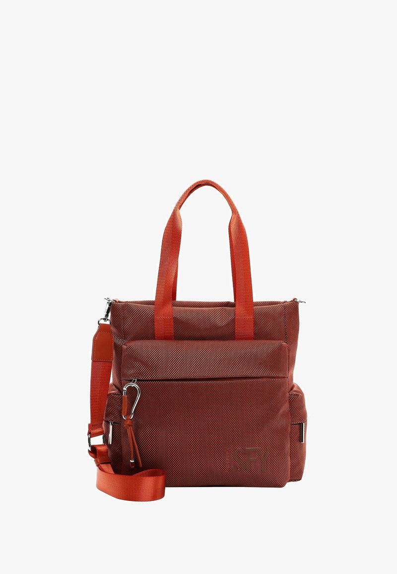 Red textile tote bag with dual handles and adjustable shoulder strap. Features a front zip pocket and textured fabric with a subtle pattern.