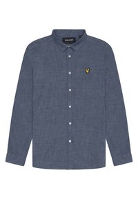 Herre langærmet skjorte i mørkeblå hør med button-down krave, der har hvide knapper og et lille gult ørne-logo på brystet.