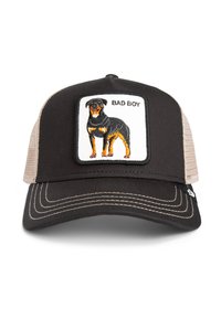 Gorra negra con malla beige en la parte posterior que presenta un parche bordado de Rottweiler y el texto "BAD BOY"; diseño estructurado con visera curva.