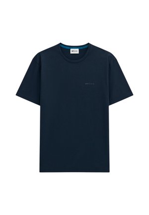 Maglietta semplice blu scuro a maniche corte con scollo rotondo e piccolo logo "GAS" sulla parte superiore del petto.