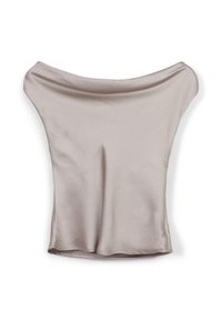 Top in satin senza spalline di colore beige chiaro. Texture liscia, design drappeggiato e vestibilità rilassata con orlo elasticizzato.