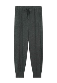 Donkergrijze sweatpants met elastische tailleband en koord, zijzakken en ribbels aan de enkels.