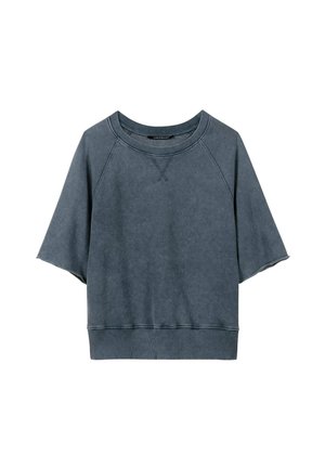 Blue-gray short-sleeve sweatshirt with crew neck, ribbed hem and cuffs, and visible stitch detailing on front.
